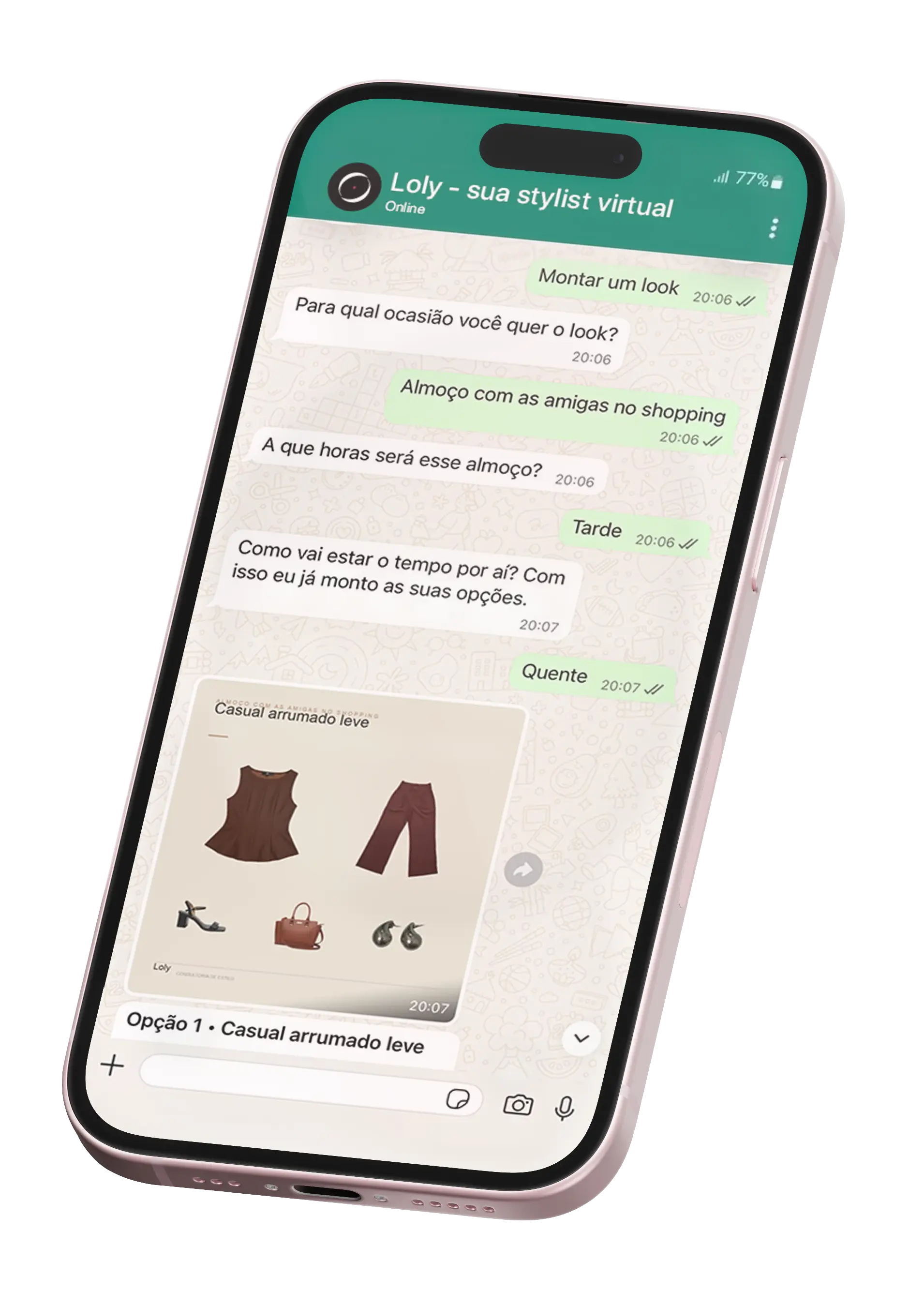 Conversa no WhatsApp: a Loly monta dois looks para um jantar de última hora.