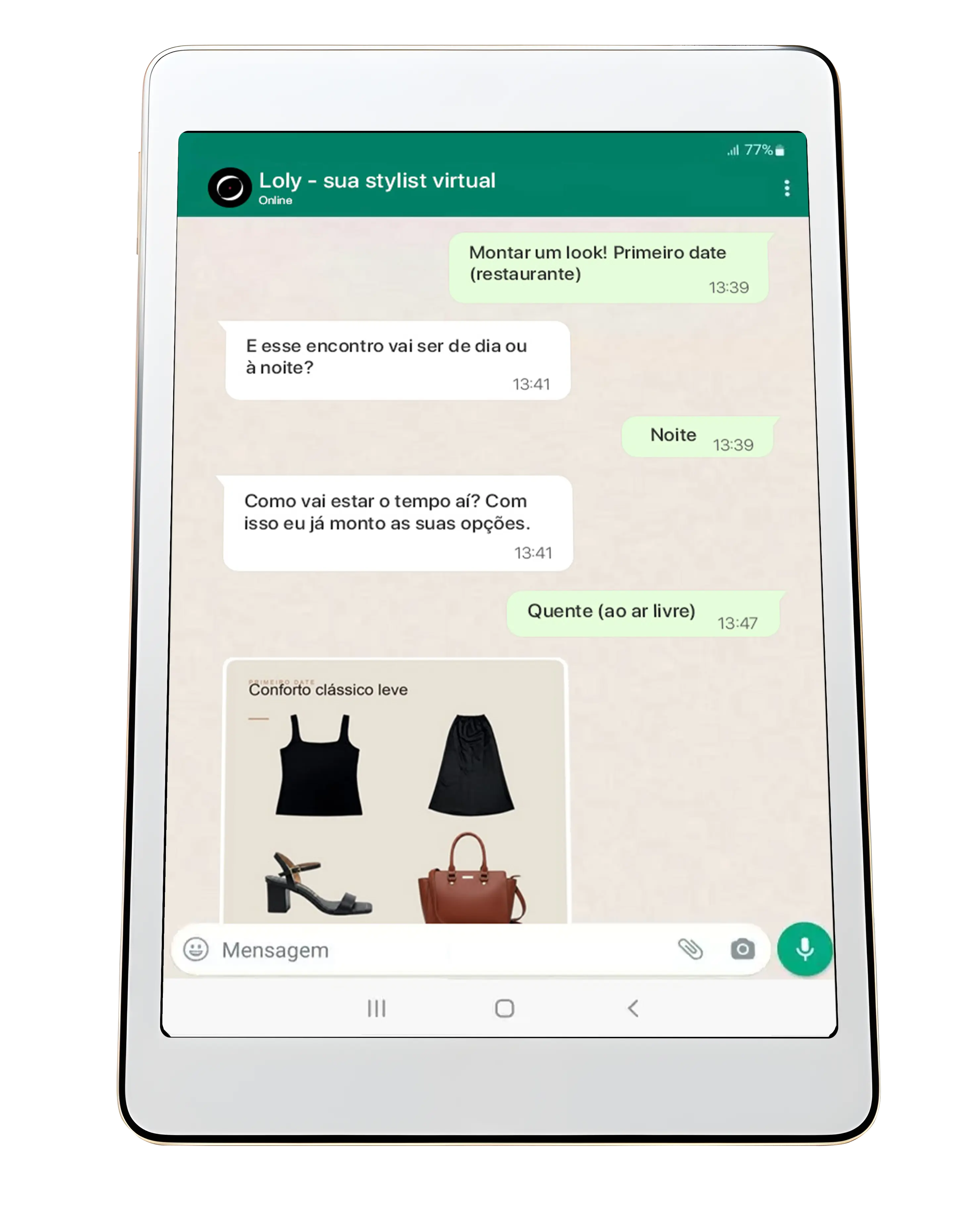 Conversa no WhatsApp: a Loly monta uma cápsula de peças para uma viagem de quatro dias.