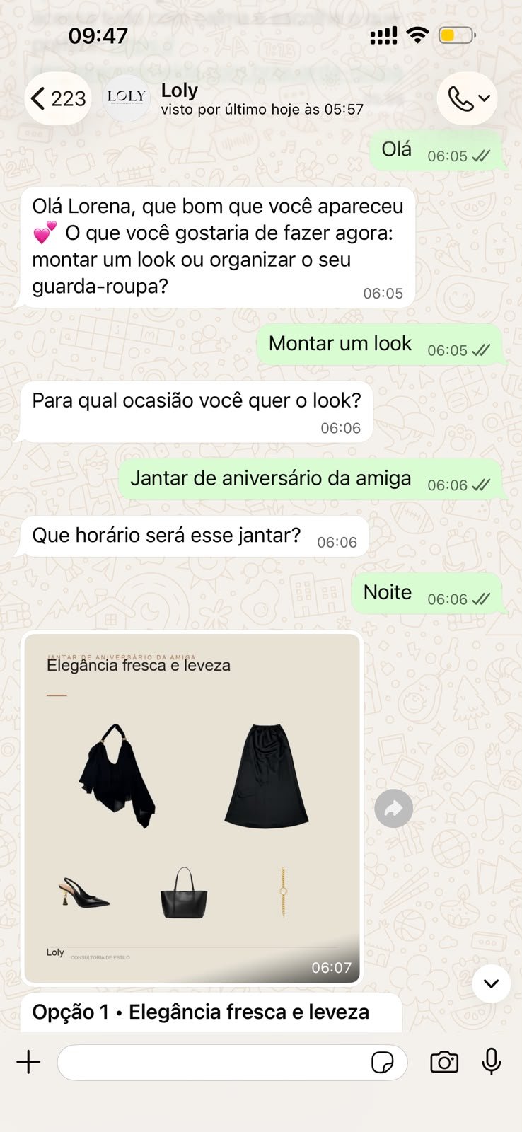 Conversa no WhatsApp: a Loly monta o look “Elegância fresca e leveza” para um jantar de aniversário da amiga.