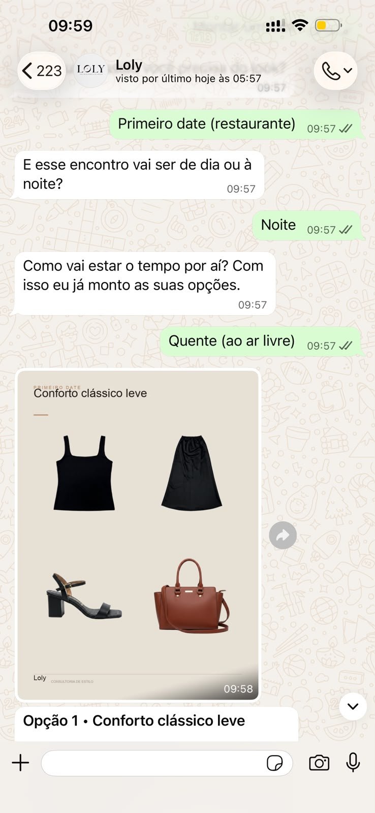 Conversa no WhatsApp: a Loly monta o look “Conforto clássico leve” para um primeiro date em restaurante.