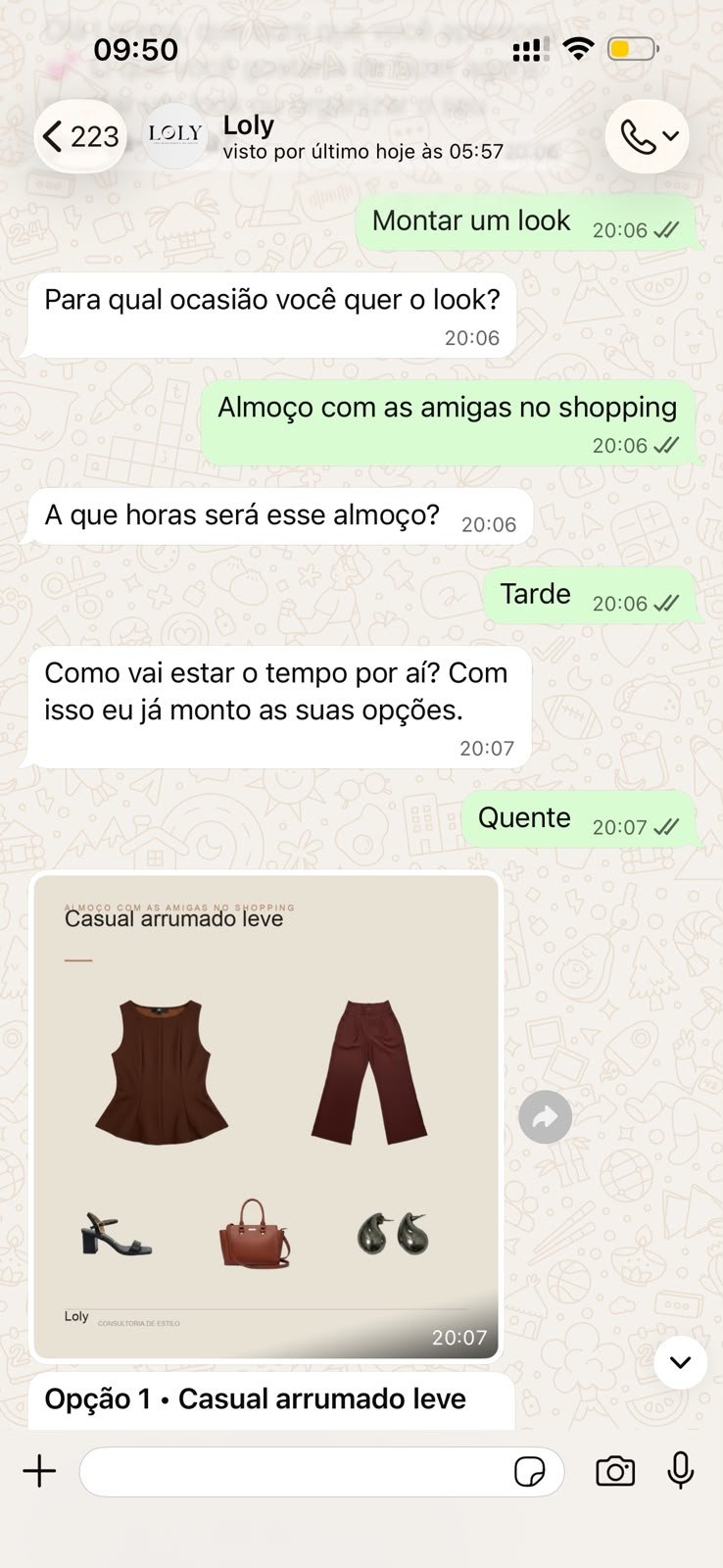 Conversa no WhatsApp: a Loly monta o look “Casual arrumado leve” para um almoço com as amigas no shopping.