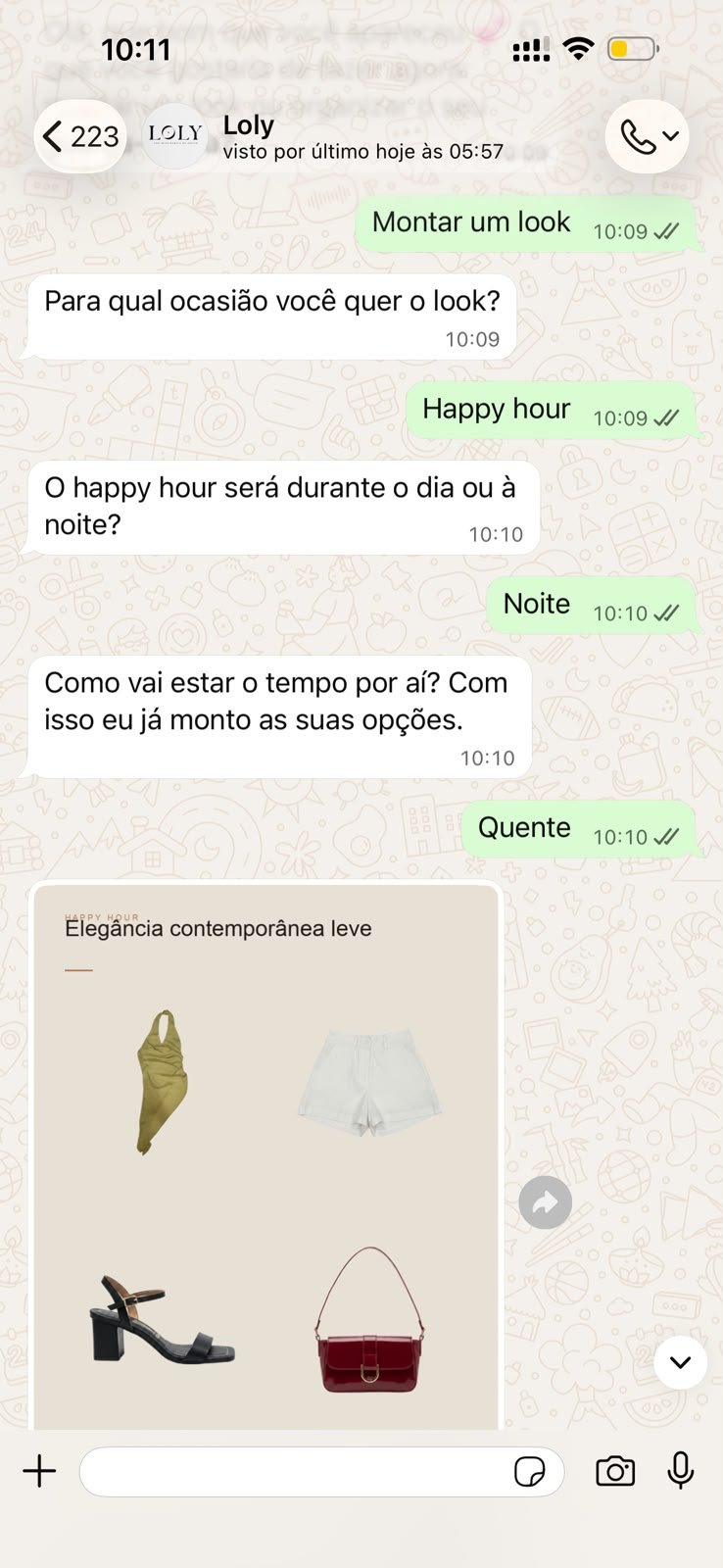 Conversa no WhatsApp: a Loly monta o look “Elegância contemporânea leve” para um happy hour à noite.