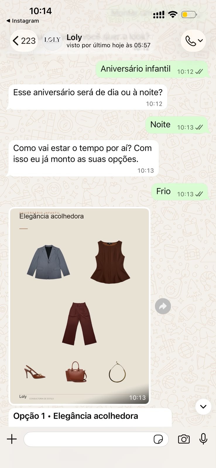 Conversa no WhatsApp: a Loly monta o look “Elegância acolhedora” para um aniversário infantil.